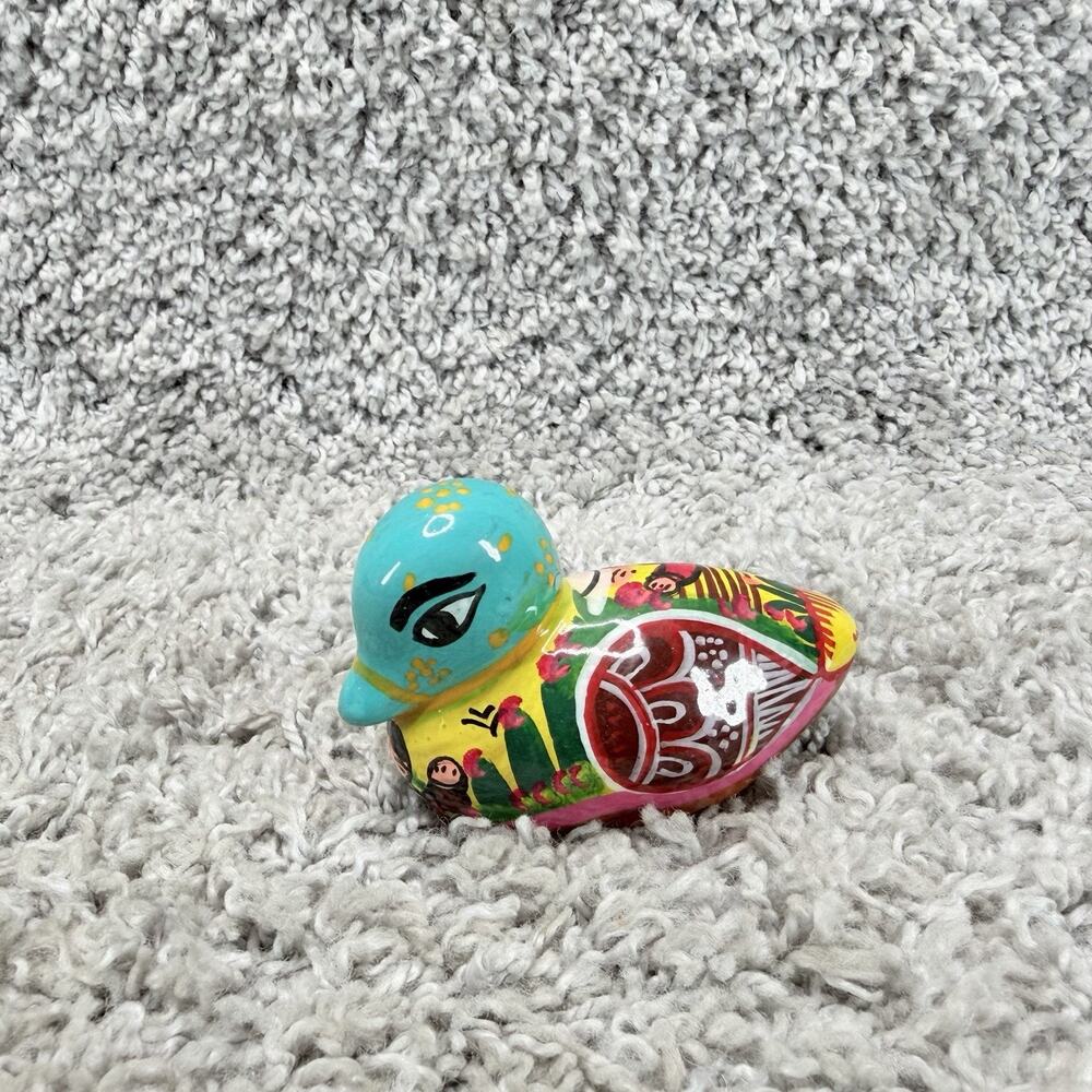 Hand Painted Duck Figurine Folk Art Colorful Bird Mexico Style Ceramic 4”
